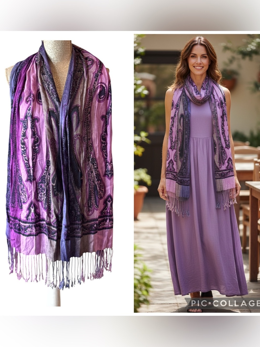 Boho Paisley Fringe Rayon Scarf Purple Pink Blue OS Made in India